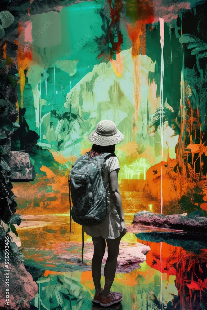 Backpacker contemplating a very colorful cenote inside a cave, generative ai illustration Backpacker contemplating a very colorful cenote inside a cave, generative ai illustration