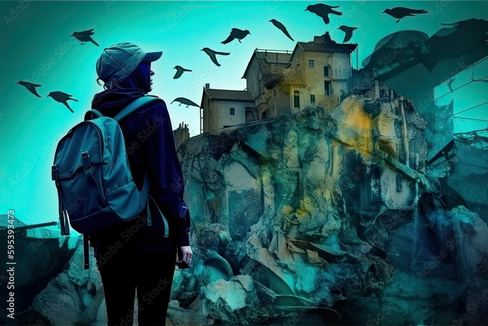 Illustration of a travelerstanding in front of a big mountain with a house while contemplating birds fying away, generative ai illustration Illustration of a travelerstanding in front of a big mountain with a house while contemplating birds fying away, generative ai illustration
