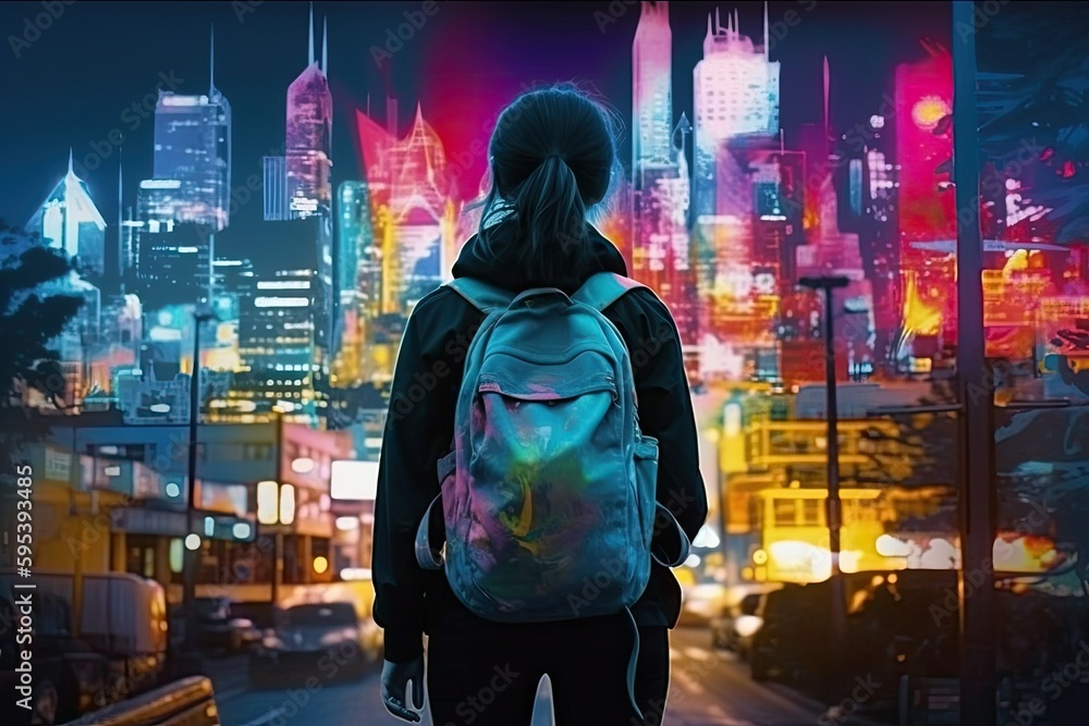 Young woman arriving to a futuristic city with neon lights, generative ai illustration