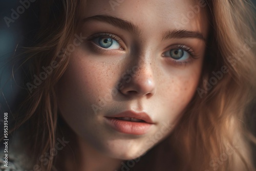 face of young woman with freckles created with Generative AI technology