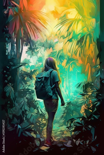 Backpacker walking bi a colorful jungle during sunset, generative ai illustration