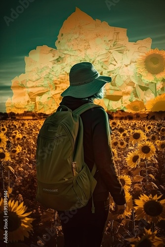 Taveler wearing a hat crossing a  sunflower field during sunset  photo