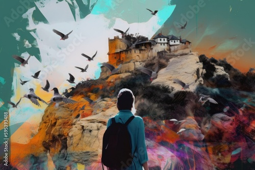 Illustration of a woman standing in front of a mountain with birds and color distortion, generative ai illustration © ITZELL