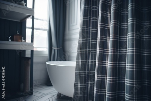 Modern plaid fabric shower curtain in the bath. Generative AI