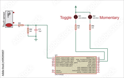 This electrical circuit demonstrates the use of touch
sensor with microcontroller. Schematic diagram of electronic device. Vector drawing.
