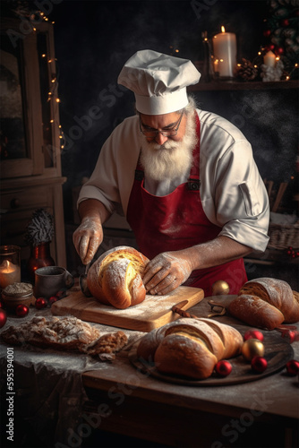 Santa Claus is baking bread and buns on Christmas Eve in his kitchen. Holiday and New Year concept. Generative AI