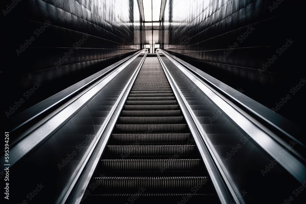 an escalator in a subway station with a bright light at the end. Generative AI an escalator in a subway station with a bright light at the end. Generative AI