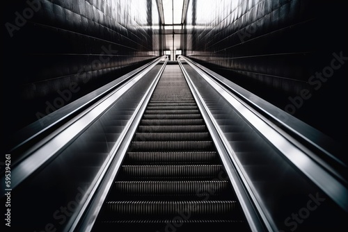 an escalator in a subway station with a bright light at the end. Generative AI