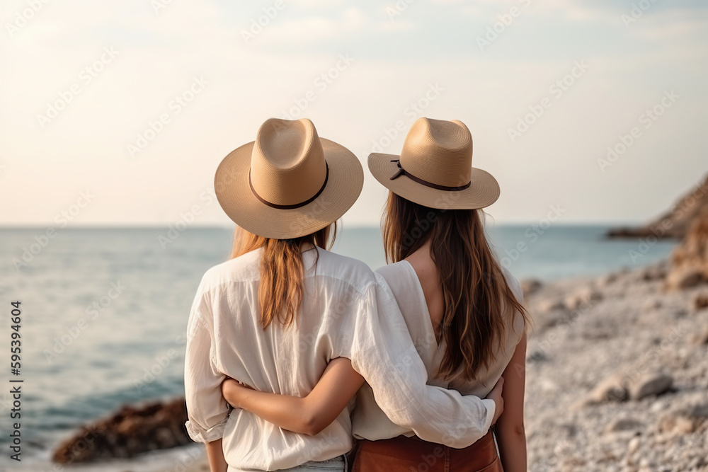 Two lesbian women wearing hats standing on a beach