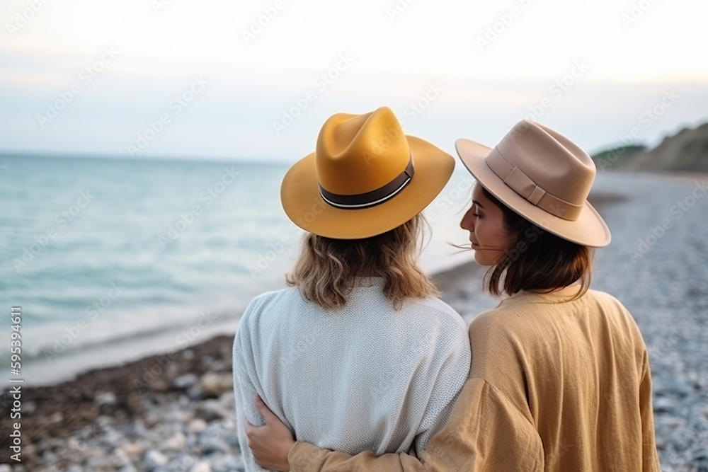A couple of lesbian women standing next to each other on a beach