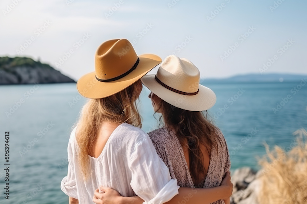 Two lesbian women wearing hats looking out over the water