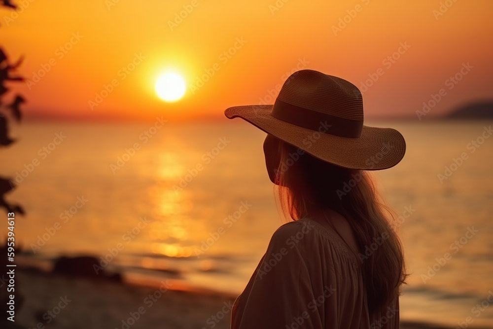 A woman wearing a hat standing on a beach at sunset
