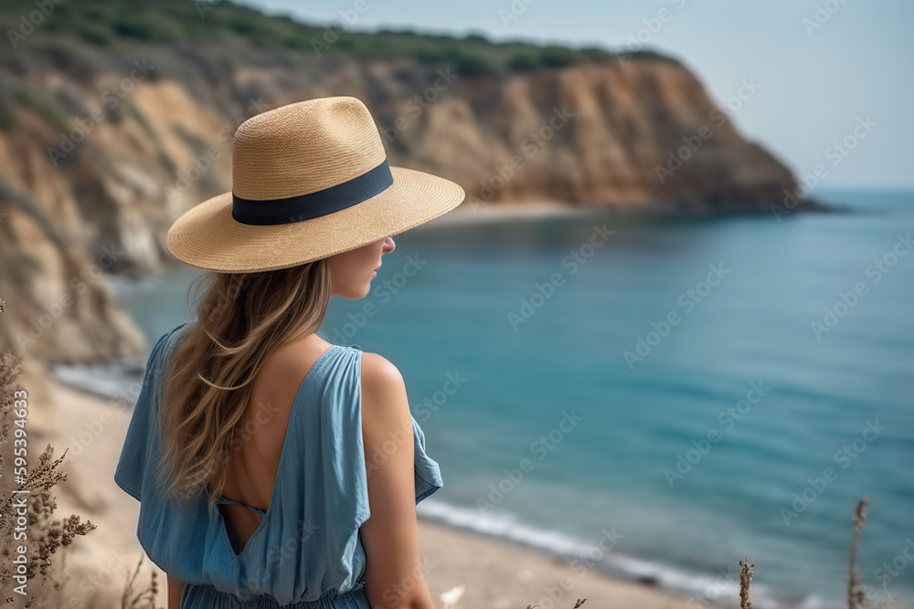 A woman in a hat looking out at the ocean