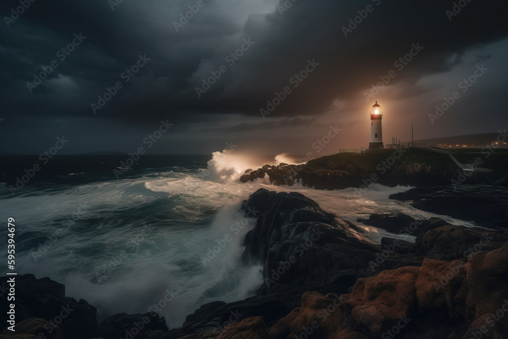 Lighthouse In Stormy Ocean in the night time. Conceptual photography. AI-generated image