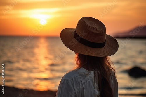 A woman wearing a hat standing on a beach at sunset