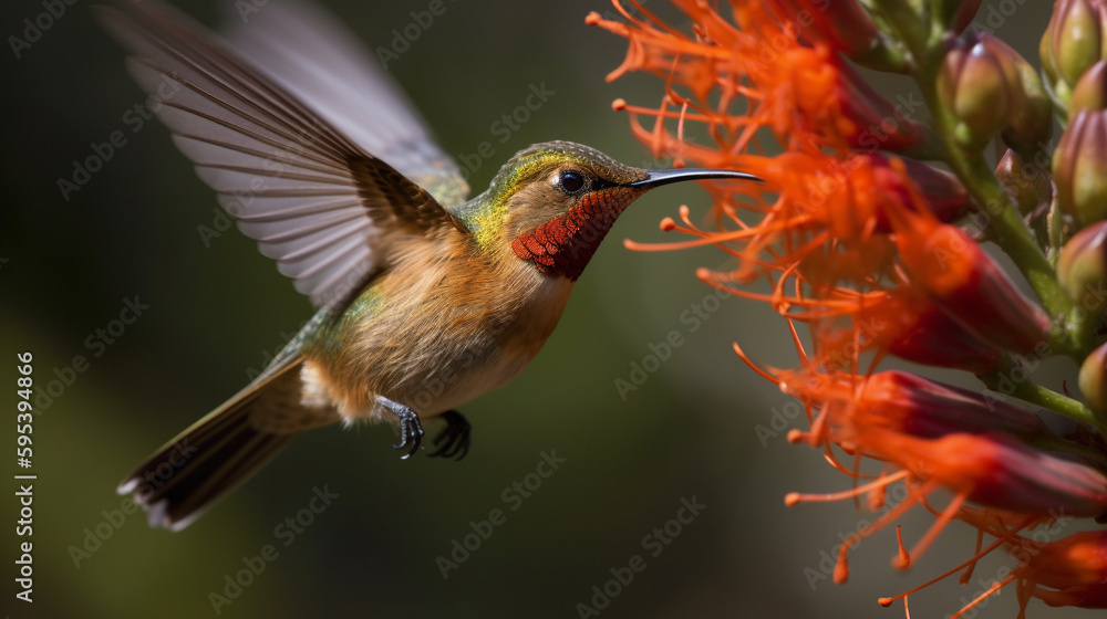 Fototapeta premium The Beautiful Endangered Rufous Hummingbird - Selasphorus Rufus - Generative AI.