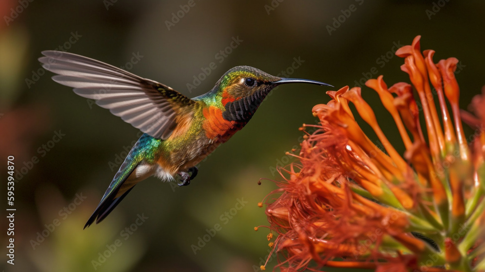 Fototapeta premium The Beautiful Endangered Rufous Hummingbird - Selasphorus Rufus - Generative AI.