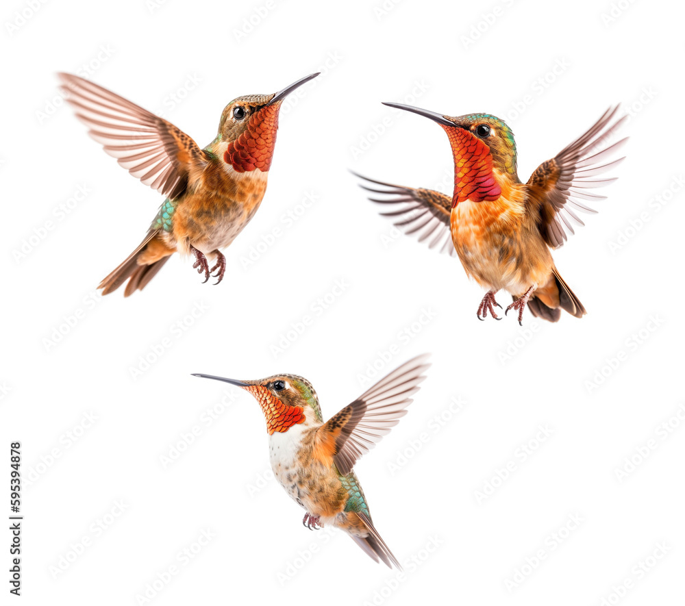 Fototapeta premium Set of Three of The Beautiful Endangered Rufous Hummingbird - Selasphorus Rufus - Isolated on a White Background - Generative AI.