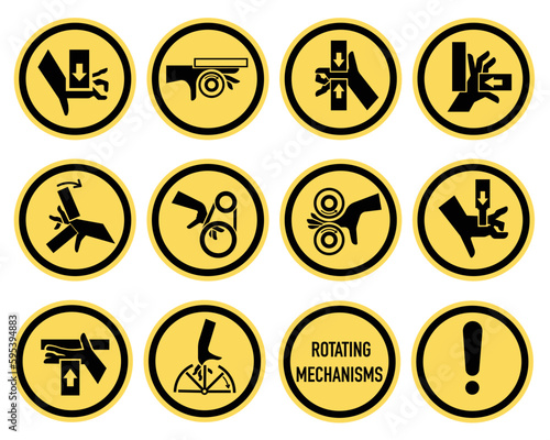 Set of ISO warning signs: hand crushing force. Be attentive. Hand chewing. Hand mutilation. EPS 10.