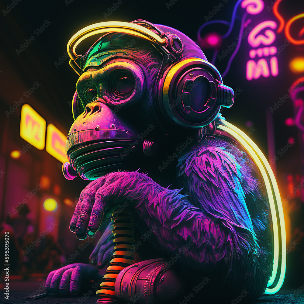 Neon light Monkey is listening to music through headphone AI Generated