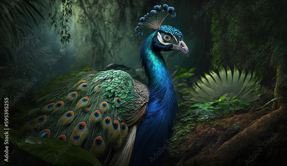 Fototapeta premium Peacock walking in a jungle AI Generated illustration