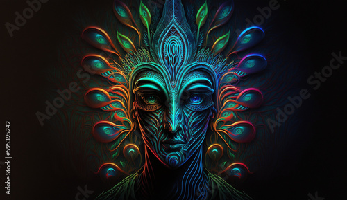 Peacock face girl neon light AI Generated illustration on dark background