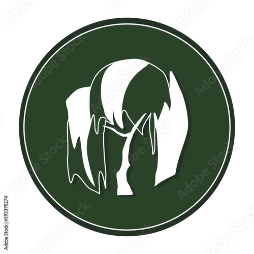 White tree logo on a dark green background. Illustration of a woody plant symbol in a circle. Chalk drawing on a blackboard. Stylized crown shape for a woman's hairstyle. Cutting and laying plants