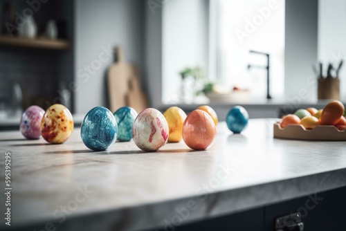 Colorful Easter eggs on a white table in a bright kitchen. Illustrative Happy Easter wallpaper. Generative AI