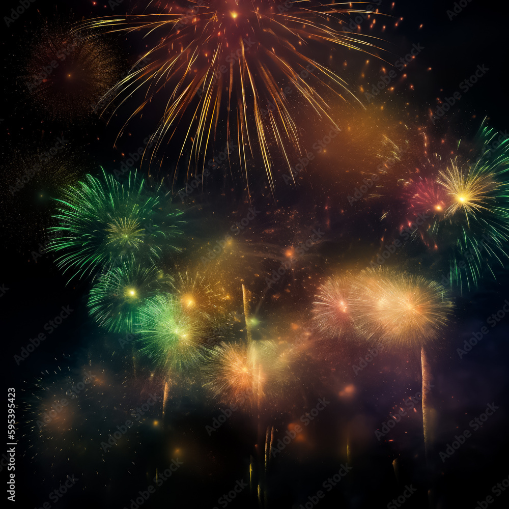 Fototapeta premium Dazzling fireworks light up the night sky, celebrating with a vivid display, shallow depth of field, Illustrative Generative AI