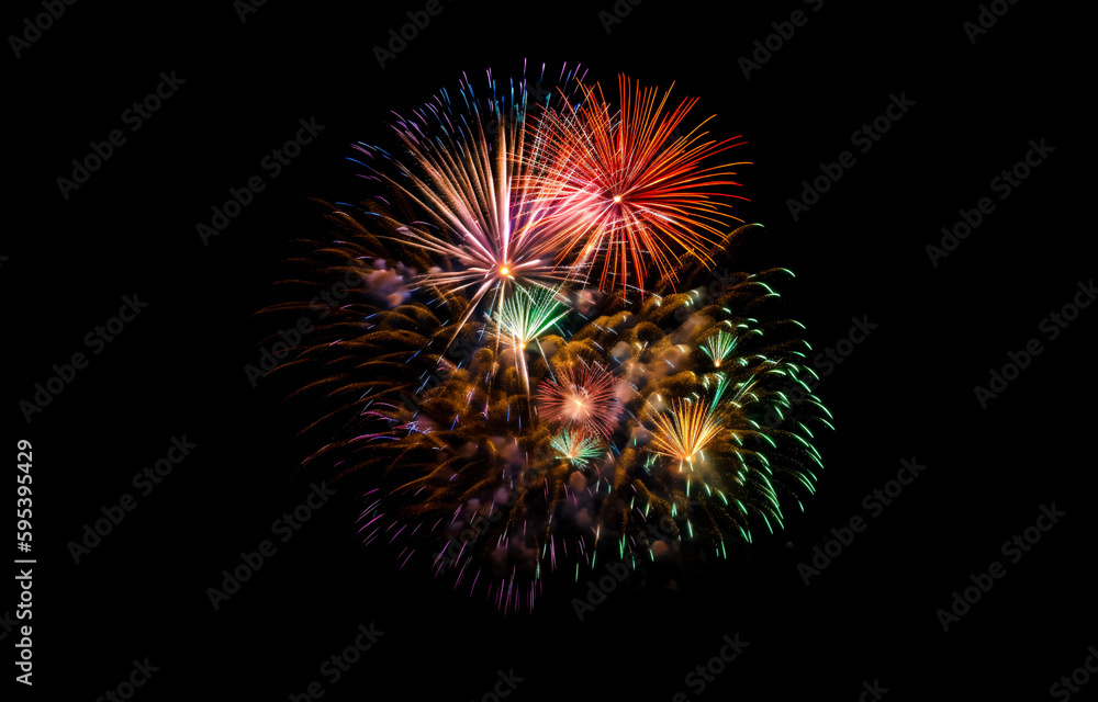 Dazzling fireworks light up the night sky, celebrating with a vivid display, shallow depth of field, Illustrative Generative AI Dazzling fireworks light up the night sky, celebrating with a vivid display, shallow depth of field, Illustrative Generative AI