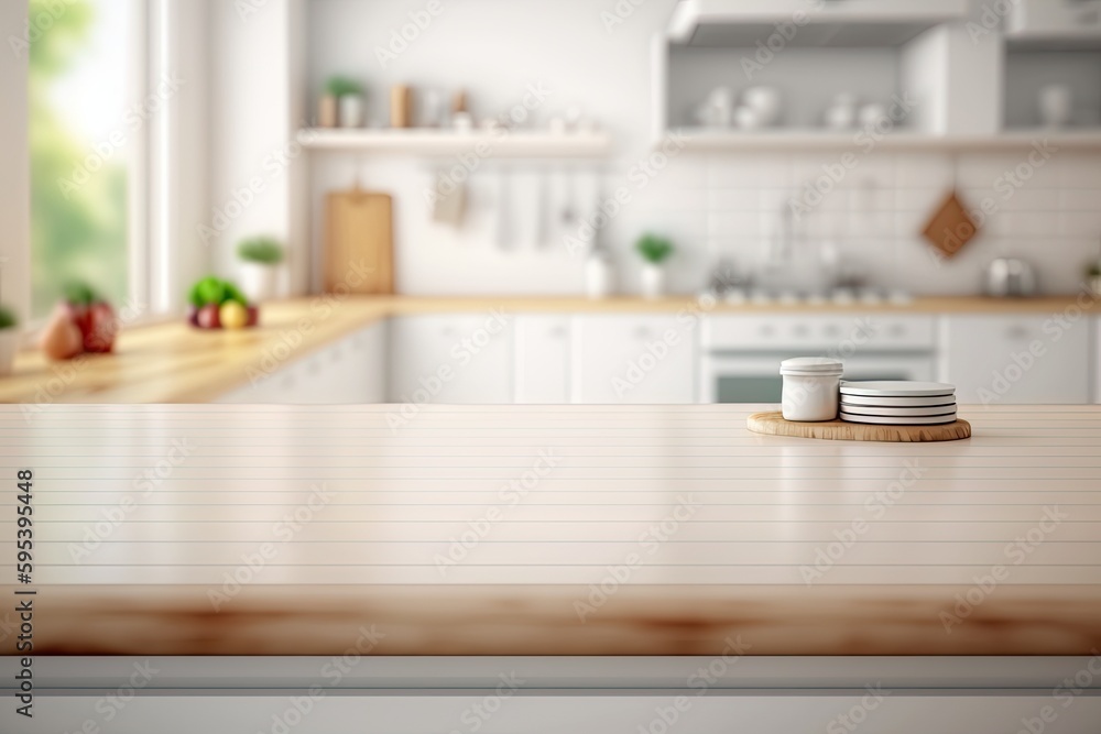 Light Wood Table on Blurred Kitchen Background, Modern Wooden Table Mockup for Montage Product Display, Generative AI Illustration Light Wood Table on Blurred Kitchen Background, Modern Wooden Table Mockup for Montage Product Display, Generative AI Illustration