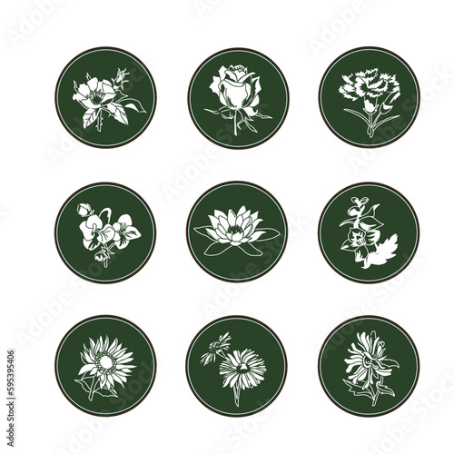 Set of nine logos of flowering plants: wild rose, rose, carnation, violet, lotus, delphinium, sunflower, daisy, aster