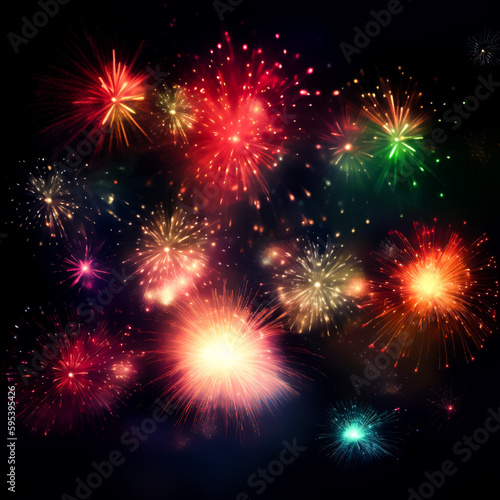 Dazzling fireworks light up the night sky, celebrating with a vivid display, shallow depth of field, Illustrative Generative AI