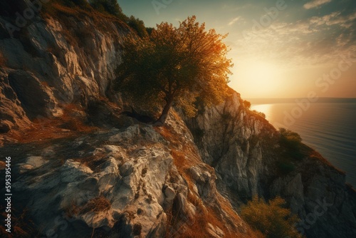 Tree on cliff at sunset. Generative AI