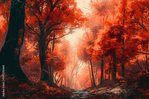 beautiful painted autumn landscape in forest with colorful flowers created with Generative AI technology
