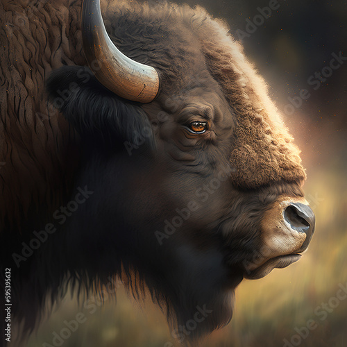 portrait of a bison in the prairie, generative ai technology 