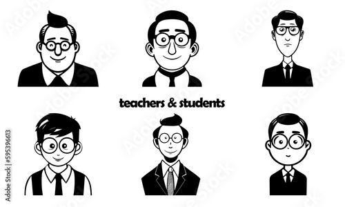 Vector illustrations set of teachers and students, black color isolated on white background