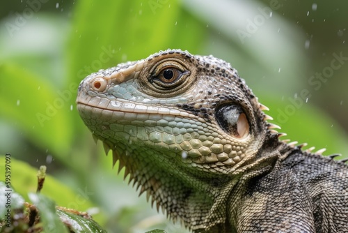 reptile, a lizard, perching on a branch in its natural habitat. Generative AI