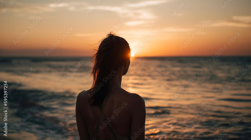 Woman looking at the Sunset on the Beach