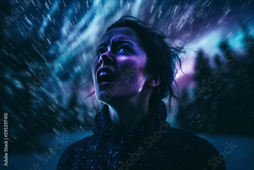 a woman stands in the rain and looks angry created with Generative AI technology