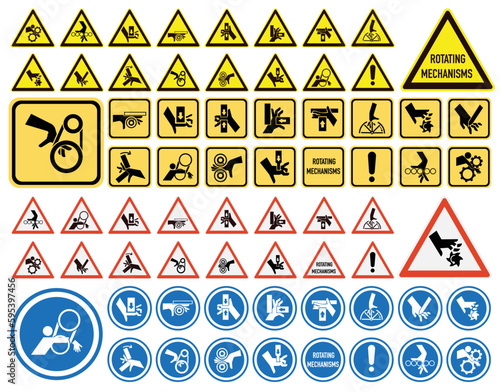 Set of ISO warning signs: hand crushing force. Be attentive. Hand chewing. Hand mutilation. EPS 10.