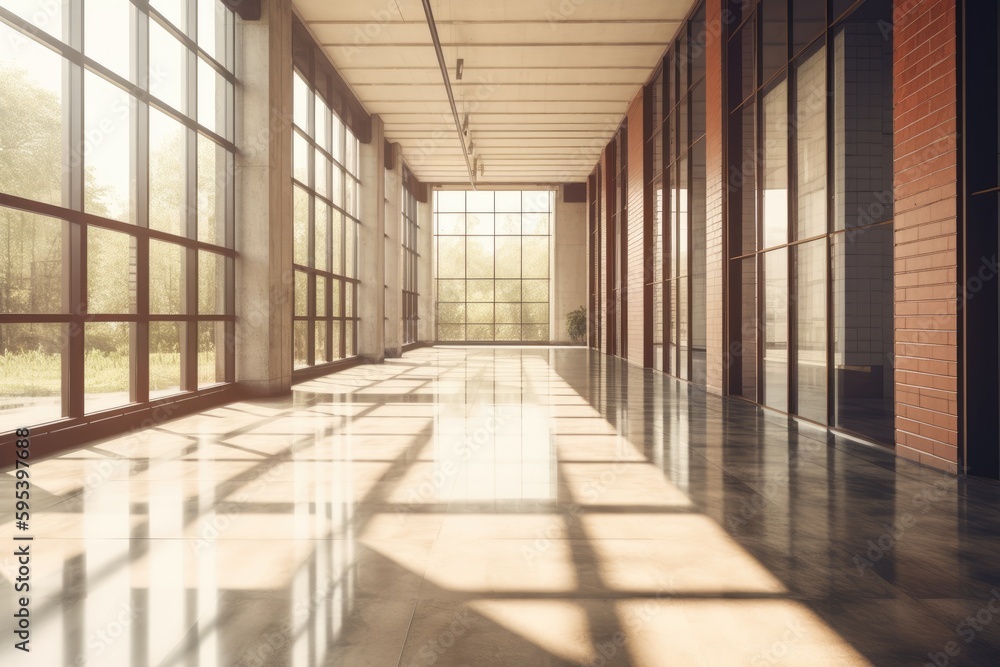 Bright and Airy Hallway with Tiled Floor and Large Windows. Generative AI Bright and Airy Hallway with Tiled Floor and Large Windows. Generative AI
