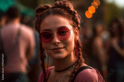 brunette with hair in braids with sunglasses at a concert or outdoor event - Generative AI