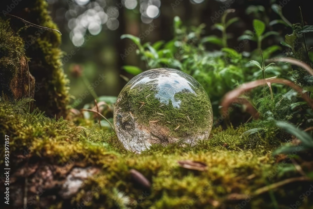 glass ball resting on a bed of lush green moss. Generative AI glass ball resting on a bed of lush green moss. Generative AI
