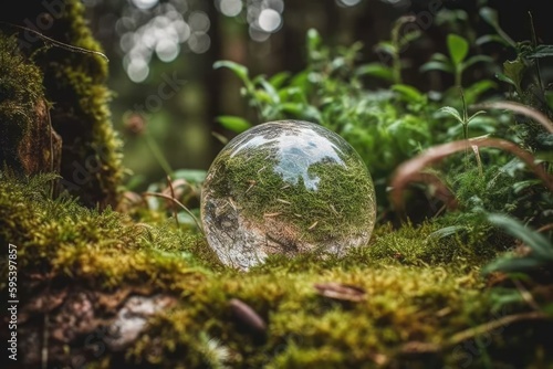 glass ball resting on a bed of lush green moss. Generative AI