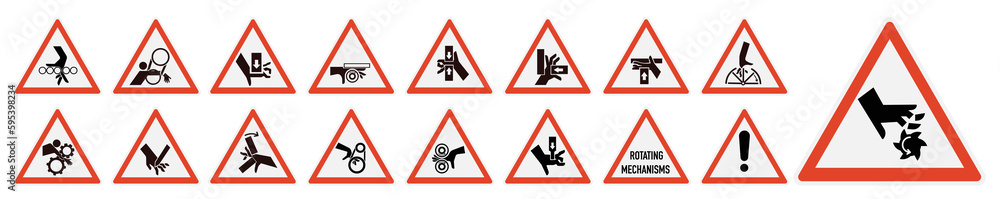 Set of ISO warning signs: hand crushing force. Be attentive. Hand chewing. Hand mutilation. EPS 10. Set of ISO warning signs: hand crushing force. Be attentive. Hand chewing. Hand mutilation. EPS 10.
