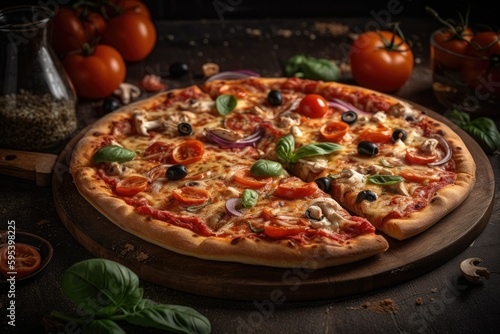 pizza with salami and tomatoes high quality image with potatoes