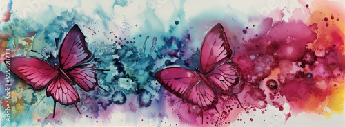 alcohol ink wide border of colorful daisy flowers and butterflies - Generative AI Art 