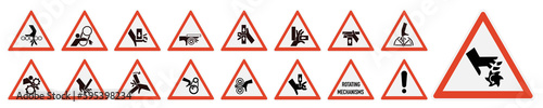 Set of ISO warning signs: hand crushing force. Be attentive. Hand chewing. Hand mutilation. EPS 10.