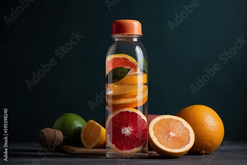 fruits and vegetables juice in a bottle with black background high quality image